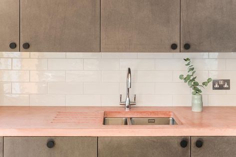 Our kitchen at Block House - honest and textured materials creating a light ethereal space soft pink concrete worktop by @mortiseconcrete… Pink Countertops, Pink Girl Room Decor, Kitchen Color Trends, Glass Blocks Wall, Block House, Victorian Terrace House, Beautiful Kitchen Designs, For Christmas Decorations, Concrete Kitchen