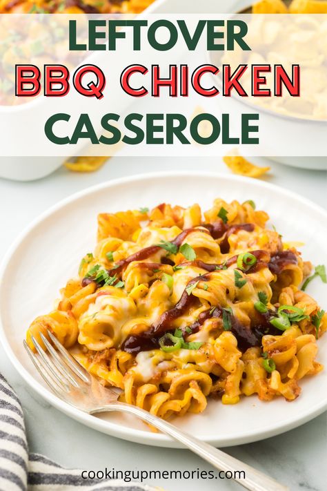 Leftover BBQ Chicken Casserole combines leftover BBQ chicken with pasta, corn, diced tomatoes, sour cream, and cheese. It's finished with a drizzle of BBQ Sauce, green onions, and a sprinkle of cilantro. Barbecue Chicken Leftovers Recipe, Recipes For Leftover Bbq Chicken, Recipes With Bbq Chicken Leftovers, Leftover Bbq Chicken Recipes Ideas, What To Do With Leftover Bbq Chicken, Leftover Barbecue Chicken Recipes, Leftover Chicken Legs Recipes, Bbq Chicken Leftovers, Leftover Bbq Chicken Recipes