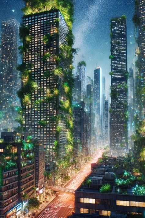 Discover the beauty of AI image art with this stunning depiction of a bustling metropolis turned into a lush urban jungle. Skyscrapers draped in vegetation and bioluminescent plants create an enchanting night scene. Explore how digital art can merge the urban and natural worlds. Urban Forest Design, Bioluminescent Plants, Urban Forest, Urban Environment, Concrete Jungle, Night Scene, Green Life, Self Reflection, Urban Jungle