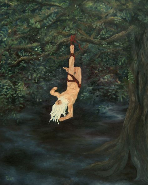 Hung was I on the windswept tree. New artwork by F.T. McKinstry. #norsemythology #writersblock #blogpost #originalart #odin #yggdrasil Odin Hanging, Robert Sepehr, Hanging Upside Down, Grimoire Book, Norse Pagan, Anglo Saxon, Norse Mythology, Gods And Goddesses, Green Man