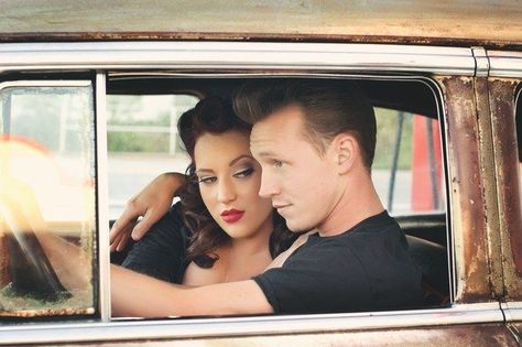 Cute Gas Station, Rockabilly Photoshoot, Rockabilly Couple, Gas Station Pics, Barber Shop Vintage, Rockabilly Lifestyle, Styled Engagement Shoot, 1950s Rockabilly, Pinup Photoshoot