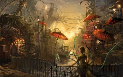 Grungy Industry & dingy Asian collide Ville Steampunk, Asian Steampunk, Steampunk Background, Steampunk Wallpaper, Steampunk Kunst, Steampunk City, Art Steampunk, Jessica Nigri, Asian Painting