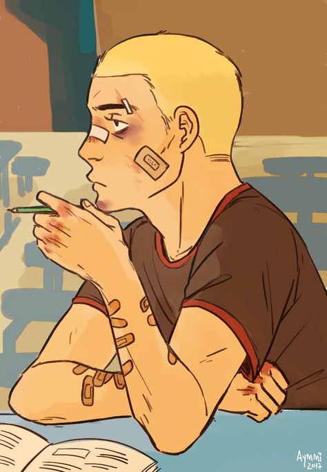 a young andrew, let’s say around 15/16, who got into a fight with some homophobic kid and got one week detention. he’s just doing his homework at the cafeteria, which is due next period (i just wanted to see how he’d look like with a buzzcut) Buzzcut Oc Art, How To Draw Buzzcut, Foxhole Court, Fox Games, Art Practice, Be Ready, One Week, Homework, To Draw