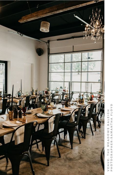 Our custom industrial garage doors are the perfect way to blend indoor outdoor space for your wedding ceremony or reception. #bohoreception #industrialvenue #raleigh Industrial Event Space Design, Small Venue Space, Small Event Space Design, Small Event Space, Event Building, Industrial Event Space, Industrial Garage Door, Industrial Wedding Reception, Outdoor Event Space