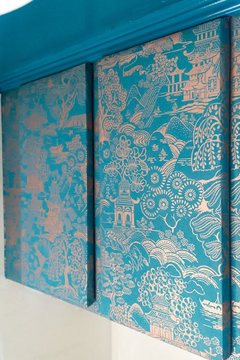 DIY, wallpapered cabinets, teal, metallic wallpaper, covered cabinets, furniture, laundry room, kitchen, bathroom, tutorial Wallpaper Cabinets Bathroom, Wallpaper On Laminate Cabinets, Wallpaper For Cabinet Doors, Wallpapered Cabinet Interior, Wallpaper A Cabinet, Wallpapered Cupboard Doors, Kitchen Cabinet Wallpaper Ideas, Removable Wallpaper On Cabinets, Wallpaper In Glass Kitchen Cabinets