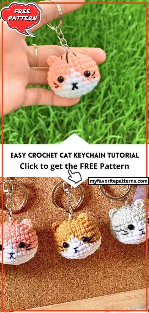 Easy Crochet Cat Keychain Tutorial Crochet Cat Tutorial, Crochet Small Keychain, Crochet Stitch Keychain, Crochet Amigurumi Free Patterns Easy Key Chains Patterns, Crochet Keychain Animals, Crochet Cat Keychain Pattern Free, Cat Keychain Crochet Free Pattern, Keychain Crochet Free Pattern, Crochet Cat Pull Tab Keychains