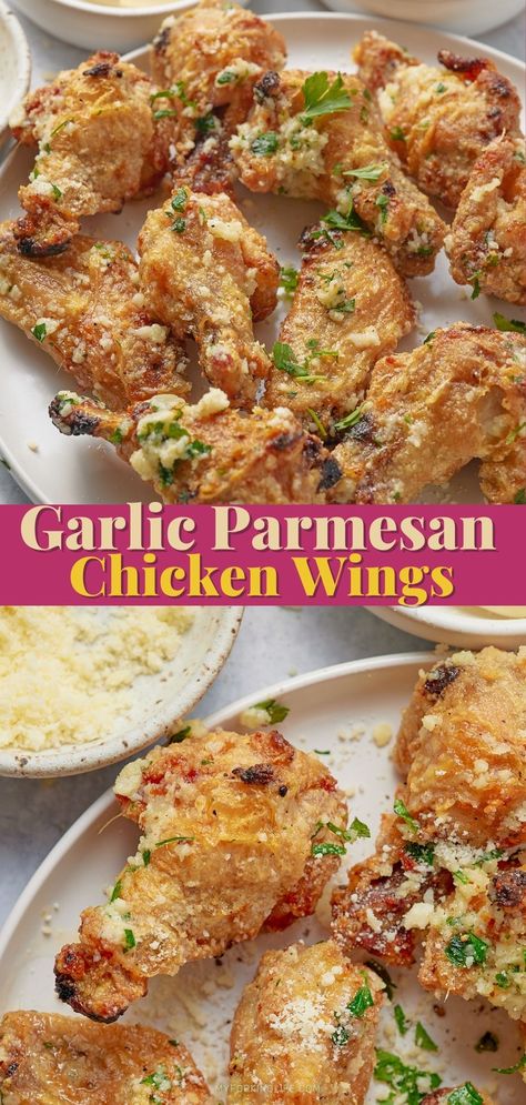 Quick and easy to make, these air fryer garlic parmesan wings are loaded with flavor! Perfectly crispy on the outside with moist and tender meat, these seasoned wings are hard to say no to! Garlic Parmesan Wings Recipe, Parmesan Wings Recipe, Parmesan Wing Sauce, Chicken Wing Sauce Recipes, Wings Recipe Baked, Baked Garlic Parmesan Chicken, Parmesan Wings, Garlic Parmesan Wings, Wing Sauce Recipes