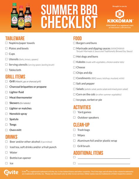 Summer BBQ Shopping List by Evite for Kikkoman Bbq Checklist, Bbq List, Bbq Food List, Cookout Party, Backyard Bbq Party, Barbeque Party, Party Planning Checklist, Bbq Picnic, Party Checklist