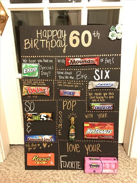 60th Birthday Candy Board 60th Birthday Homemade Gifts, 60 Candy Bar Poster, Birthday Candy Boards For Him, 60th Birthday Board Ideas, 60th Diy Gifts, 60th Birthday Candy Poster, 60th Birthday Board, 60th Birthday Candy Bar Poster, Diy 60th Birthday Decorations For Mom