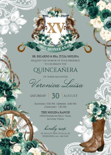 Emerald Quinceanera Invitations, Emerald Green Quinceanera Theme Vaquera, Emerald Green Vaquero Quince, Green Vaquera Quinceanera Ideas, Emerald Green Charro Quinceanera Theme, Charro Quinceanera Dresses Green, Rancho Quinceanera Theme Decorations, Quince Decorations Ideas Emerald Green, Quinceanera Themes Green