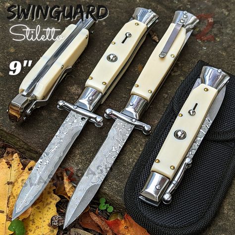 Swinguard Stiletto Knife Rare Italian Automatic - White Bone Damascus Italian Switchblade, Stiletto Knife, Switchblade Knife, Knife Patterns, Automatic Knives, The Guard, Boot Accessories, Damascus Steel, Damascus