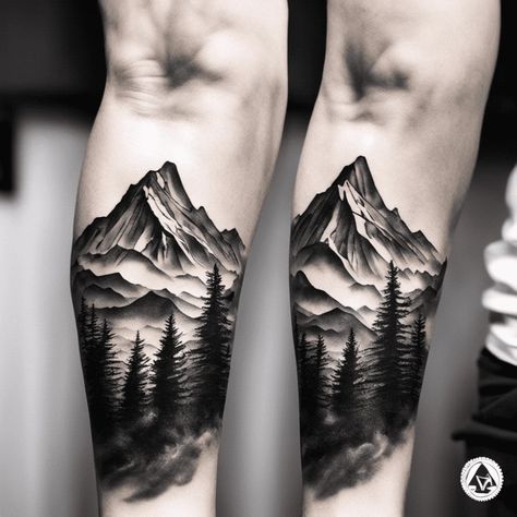 82 Mountain Tattoo Ideas Created with AI | artAistry – artAIstry Snowy Mountains Tattoo, Black Mountain Tattoo, Realistic Mountain Tattoo, Tree Mountain Tattoo, Mountain Tattoo Ideas, Loon Tattoo, Tattoo Above Knee, Travel Tattoo Ideas, Rain Tattoo