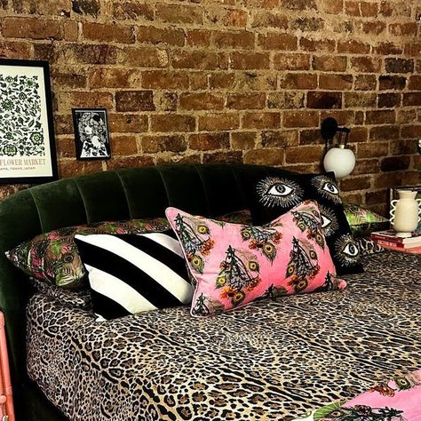 Lois Connors 🖤 home + interiors on Instagram: "Sunny Saturday 💗🐆 Let’s get those eyeballs wide open with some pattern clashing! Summer’s back today 🤣 so time for a colour pop. 💗💚 Ad// What do you think to the beautiful cushion, pink throw and satin pillowcases all gifted from @theirnibs new homeware range! Pink, green and leopard print 🤝 I’ve added a few vintage vibes in here with my moon brass candle holder and stoneware vase, if it feels right? It is 🌙." Eclectic Apartment Decor, Moody Bohemian, Girls Room Makeover, Redoing My Room, Moody Interior Design, Bohemian Witch, Maximalist Bedroom, Eclectic Apartment, Witch Home