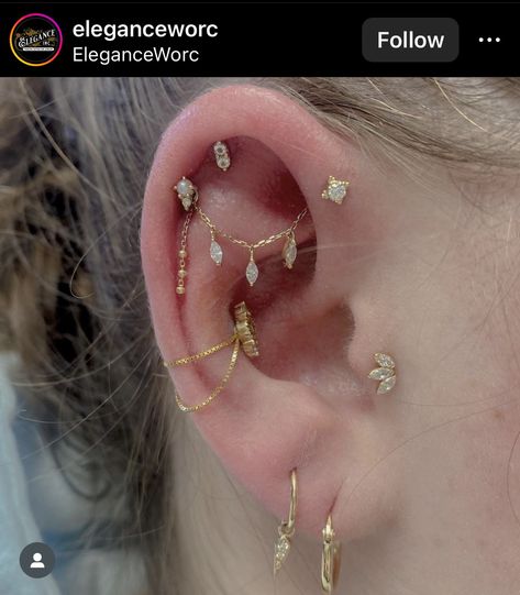 Ear Coin Slot, Earscape Inspiration, Stacked Earrings Aesthetic, Types Of Ear Piercings Chart, Double Conch Piercing, Conch Piercing Ideas, Full Ear Piercings, Unique Piercings, Tragus Gold