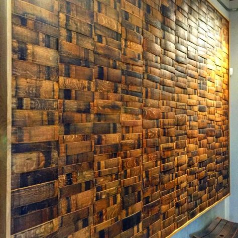 Could be used as a feature wall somewhere Wine Barrel Wall Paneling w/ Oak Boarder Whisky Barrel Ideas, Wine Country Decor, Whiskey Barrel Decor, Wood Interior Walls, Barrel Stave Ideas, Stave Projects, Wine Barrel Wall, Aztec House, Whiskey Barrel Ideas