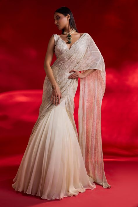 Shop for these amazing collections of Ivory Saree And Pallu Organza Embroidered Venus Pre-draped Lehenga With Blouse For Women by Charu and Vasundhara online at Aza Fashions. Pearl Embroidery Lehenga, Drape Saree Indo Western, Pearl Lehenga, Choli Style, Draped Lehenga, Ivory Saree, Drape Lehenga, Lehenga Sari, Sequins Lehenga