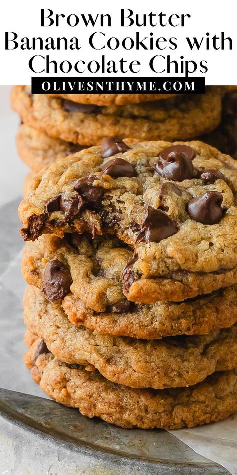 Chocolate Chip Banana Cookies Recipe, Banana Chocolate Chip Cookies Oatmeal, Chocolate Chip Banana Bread Cookies, Best Banana Cookies, 5 Banana Recipes, Brown Butter Banana Cookies, Healthy Banana Chocolate Chip Cookies, Banana Choc Chip Cookies, Banana Bread Cookies Recipe Easy