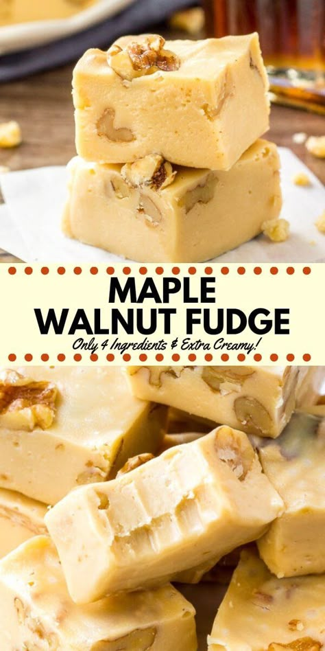 This maple walnut fudge is extra creamy with the perfect maple flavor. It's made with only 4 ingredients - so it' super easy & completely failproof. It's perfect over the holidays, and also makes a great gift! #fudge #maple #maplewalnut #christmas #holidays #homemadegifts Maple Walnut Fudge, Maple Fudge Recipes, Maple Fudge, Homemade Fudge Recipes, Walnut Fudge, Fudge Recipes Easy, Peanut Recipes, Homemade Fudge, Candy Recipes Homemade