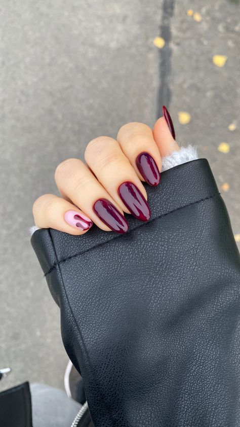 Wine Red Halloween Nails, Dark Red Nails Halloween, Jewel Tone Almond Nails, Red Nails Disney, Dark Purple Nails Halloween, Halloween Nails Dark Purple, Fall Nail Vibes, Black And Maroon Nail Designs, Dark Fall Color Nails