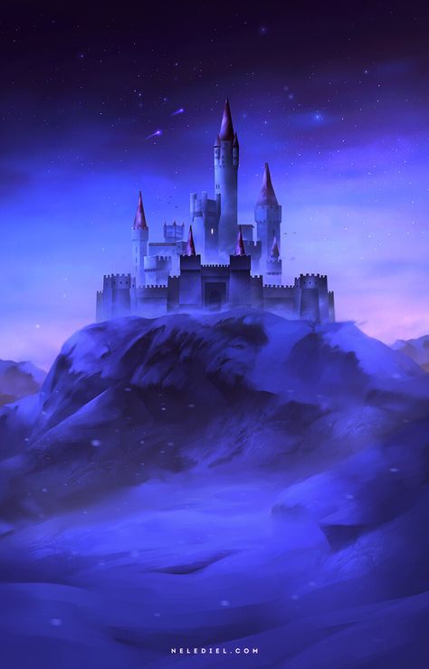 Magical Castle Fantasy Fairytale, Fairytale Locations, Castle Digital Art, Dnd Locations, Moon Castle, Fantasy Journal, Winter Castle, Environmental Architecture, Snow Castle