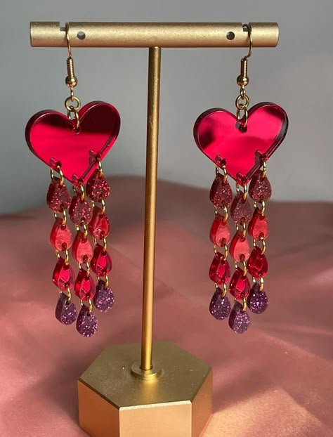 Funky Earrings Outfit, Plexiglass Jewelry, Eccentric Earrings, Retro Earrings, Valentines Earrings, Funky Earrings, Earrings Heart, Acrylic Jewellery, Funky Jewelry