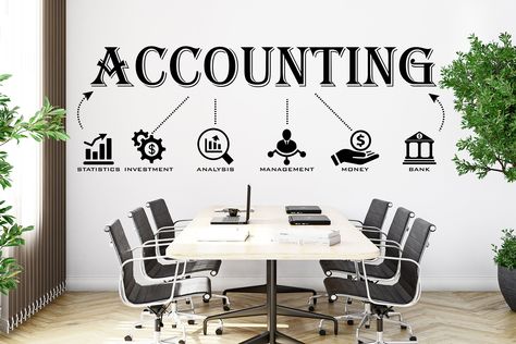 Decorate your office space with this accounting wall decal. The decal is suitable for any flat smooth surface like walls, glass, furniture etc. It is perfect to add a touch of colour on those blank walls in the waiting room, office, conference and meeting rooms or any other workplace or workshop. Choose from a range of sizes and colours. Our office decals are very easy to install, come with full instructions and everything you need to complete this DIY project. They are also easily removed so y Accounting Office Decor, Accounting Quotes Inspiration, Lab Building, Accounting Quotes, Office Wall Ideas, Office Quotes Wall, Immigration Office, Office Decals, Agriculture Pictures