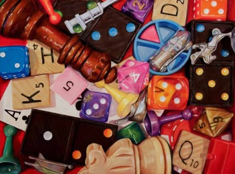 Kathy Hildebrandt | Game Pieces | Paintings of cards, game tokens, and marbles A Level Artist Research, Art Brainstorm, Art Childhood, Art Essay, Acrylic Still Life, Sketchbook Assignments, As Level, Painting Storage, Gaming Token