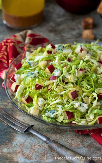 Shaved Brussels Sprouts and Apple Salad w/ Blue Cheese, Whole-Grain Honey Croutons & Cider Vinaigrette Shaved Brussel Sprout Salad, Fall Salads, Cider Vinaigrette, Brussel Sprout Salad, Autumn Salad, Apple Salad, Croutons, Brussels Sprouts, Blue Cheese