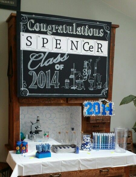 Spencer's high school graduation party- Chemistry theme. Candy in test tubes, gumballs in a beaker, gummy worms in jello in Petrie dishes...! Chemistry Graduation Party Ideas, Chemistry Graduation Party, Chemistry Themed Party, Chemistry Party, Lab Party, Science Themed Party, Cal Berkeley, College Grad Party, Graduation Open Houses