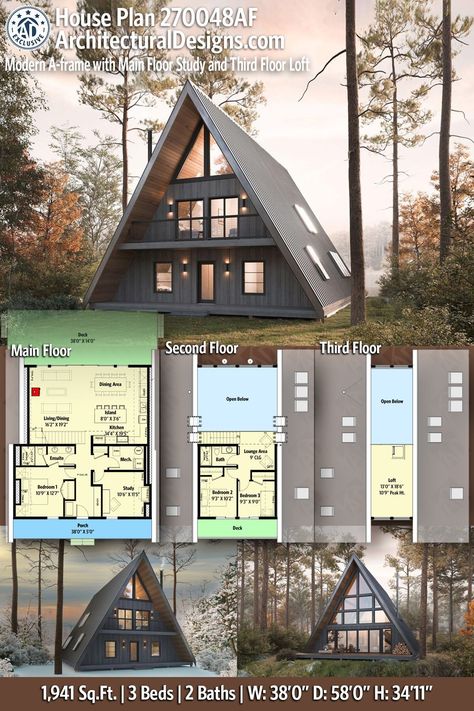 Modern A-Frame House Plan 270048AF gives you just under 2000 Sq Ft with 3 beds and 2 baths. Frame House Plans, Rustic Remodel, Modern A Frame, A Frame Cabin Plans, Loft Plan, A Frame Cabins, A Frame House Plans, Cabin Floor, Cabin Floor Plans