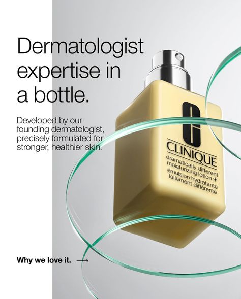 Simple: you start with a Dermatologist. Clinique Dramatically Different Moisturizing Lotion+ is: 🧑‍🔬 Dermatologist developed. 👍 Dermatologist tested. 👍 Allergy tested. 🚫 Fragrance free. #clinique #dramaticallydifferent #dermatologistdeveloped #dermatologisttested #allergytested #fragrancefree Skincare Icon, Cosmetics Ads, Acne Concealer, Bleach Drawing, Products Photography, Social Post, Allergy Testing, Moisturizing Lotion, Beauty Products Photography