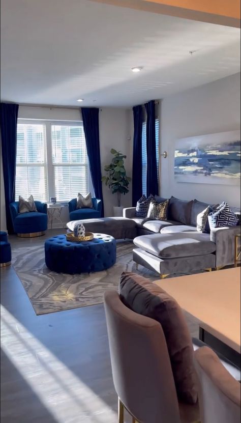 Navy Blue And Grey Living Room Furniture, Royal Blue Gray And White Living Room, Royal Blue And Gray Living Room Ideas, Royal Blue Accents Living Room, Navy Blue Black And White Living Room, Blue Grey Black Gold Living Room, White Blue And Gold Living Room, Blue And Grey Living Room Decor Ideas, Living Room Decor Royal Blue