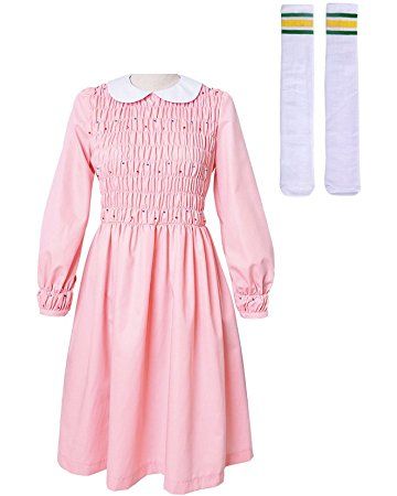 Miccostumes Girl's Pink Eleven Cosplay Beading Dress Costume Including Socks Eleven Pink Dress, Stranger Things Filming Locations, Eleven Stranger Things Costume, Eleven Dress, Pink Cosplay, Beading Dress, Stranger Things Eleven, Stranger Things Halloween, Eleven Stranger Things