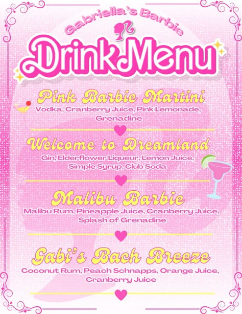 Pink bachelorette Barbie inspired drink menu Drink Mixers For Party, Y2k Drink Ideas, 2000s Themed Cocktails, Cocktail Recipes Bachelorette, Barbie Inspired Drinks, Barbie Cocktail Drink, Signature Drinks For Party, Cowgirl Drinks, 21 Shades Of Pink Party