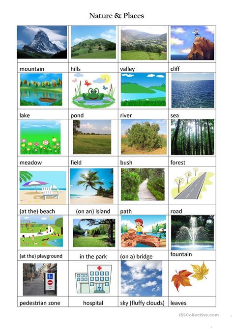 Pictionary nature and places - English ESL Worksheets for distance learning and physical classrooms Adjectives To Describe Personality, 6th Grade Spelling Words, Classroom Objects, Ielts Writing Task 2, Grade Spelling, Learning English For Kids, Ielts Writing, Picture Dictionary, Escape Rooms