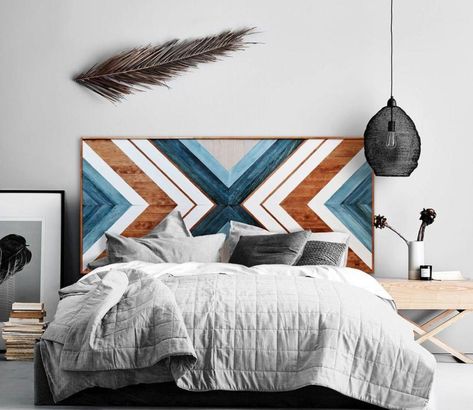 Headboard Crafts, Headboard Alternative, Creative Headboard, Reclaimed Wood Headboard, Oversized Canvas Art, Headboard With Lights, Reclaimed Wood Wall Art, Reclaimed Wood Art, Wooden Headboard