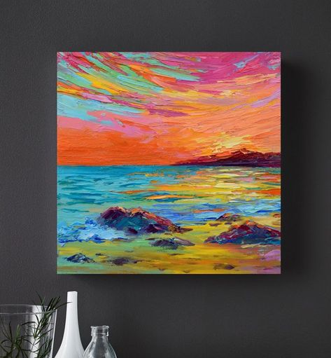 Seascape Painting Original Art 8 by 8 “ Colorful Sunset Art Ocean Coastal Artwork Beach Painting Rock Wall Art Coastal Artwork Beach Paintings, Sunset Art Painting, Colorful Sunset, Lighthouse Painting, Canvas Painting Tutorials, Cute Canvas Paintings, Small Artwork, Abstract Art Inspiration, Water Art