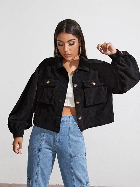 Denim Jacket Outfit Women, Black Denim Jacket Outfit, Crewneck Outfit, Black Corduroy Jacket, Ladies Chiffon Shirts, Brown Corduroy Jacket, Jacket Outfit Women, Demin Jacket, Classy Winter Outfits