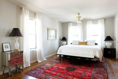 master bedroom | erin williamson | Flickr Boutique Bedroom, Red Rug Bedroom, Persian Rug Bedroom, Bedroom Red, Sunrooms, Bedroom Carpet, Red Rug, Wall Color, Decoration Design