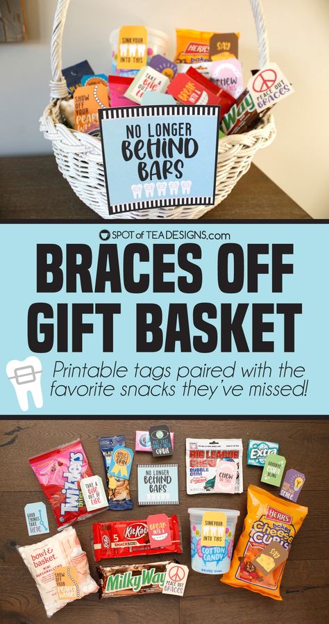 Braces Off Gift Basket - Spot of Tea Designs Braces Off Gift Ideas, Getting Braces Off Gift Basket, Getting Braces Gift Basket, Teacher Appreciation Snack Basket, Braces Gift Basket, Braces Off Party, Braces Off Gift Basket, Tea Basket Gift Ideas, After Braces