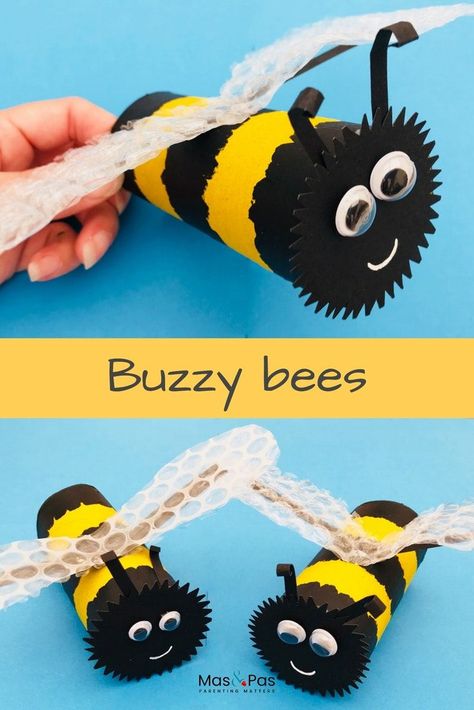 Paper roll buzzy bees. You’ll bee buzzing about this lovely summer craft for kids. Transform toilet rolls into these brilliant buzzy bees with groovy bubble wrap wings. So quick and easy to make. A great summer holiday boredom buster for kids. #paperrollbees #toiletrollbees #TProllcraft #toiletrollcraft #boredombusters April Crafts For Kids, Tree Paper Craft, Bug Craft, Bumble Bee Craft, Do It Yourself Decoration, Bee Crafts For Kids, Bee Craft, Boredom Busters For Kids, April Crafts