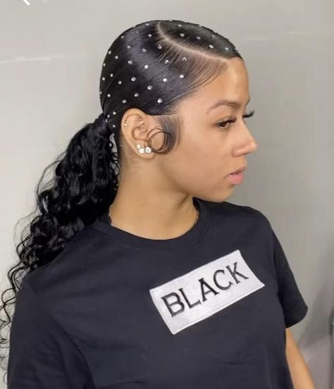 Prom Hairstyles Blackgirl Slick Back, Slick Ponytail With Diamonds, Slick Back With Diamonds, Slick Ponytail Weave With Diamonds, Ponytail With Diamonds In Hair, Slick Back Ponytail With Gems, Ponytail With Rhinestones Black Women, Barbie Ponytail With Rhinestones, Bedazzled Ponytail