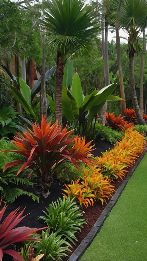 Tropical Treasures: 15 Landscaping Ideas to Turn Your Outdoor Space into a Paradise 34 Tropical Garden Design Australian, Tropical Hedge, Flower Arch Garden, Tropical Garden Uk, Modern Australian Garden, Caymen Islands, Unique Landscaping, Land Scaping, Tropical Backyard Landscaping