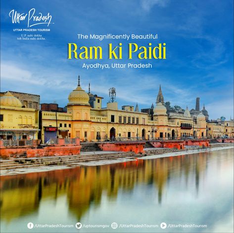 On the banks of the River #Saryu, are a number of ghats called #RamKiPaidi. The riverfront presents a stunning landscape. Devotees come to bathe in the holy river to wash away their sins and acquire the blessings of the Almighty! #Ayodhya #SpiritualTourism #ReligiousTourism #GhatsOfAyodhya #UPTourism #UttarPradesh Saryu River Ayodhya, Saryu River, Uttar Pradesh Tourism, India Tour, Spiritual Experience, Travel Packages, Uttar Pradesh, Varanasi, Travel Agency