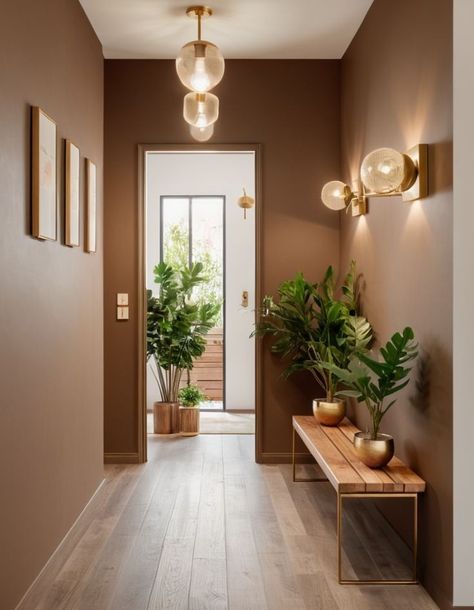 Two Toned Hallway Colors, Hallway With Multiple Doors, Moss Green Hallway, Hallway Two Colours, Wall Colour For Hall, Entrance Color Ideas, Entryway Colours, New Build Hallway Ideas, Hallway Colours Schemes