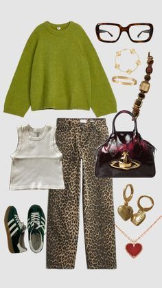 Leopard print jeans Leopard Print And Green Outfit, Leopard And Green Outfit, Green Knitwear Outfit, Green And Leopard Outfit, Lime Green Sweater Outfit, Leopard Print Jeans Outfit, Cheetah Midi Skirt, Recreation Outfits, Print Jeans Outfit