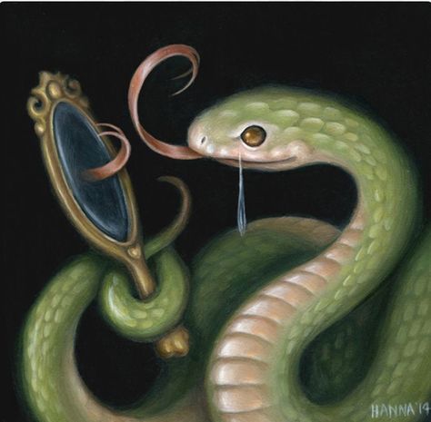 Hanna Jaeun | "Snake in the Mirror" From Eden Hozier, Snake Mirror, Respect Art, Delia Deetz, Green Python, Snake Painting, Mirror Illustration, Mirror Drawings, Oil Painting Inspiration