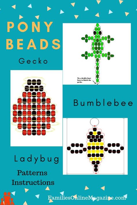 Pony Bed Patterns - Ladybug, Bumble Bee and Gecko. #BeadingPatterns #BeadedInstructions #PerlerBeadInstructions Gecko Bead Pattern, Bead Gecko, Beaded Animal Keychains, Bead Animals Patterns Easy, Bead Bee, Bead Critters, Bead Buddies, Pony Bead Animals, Bead Lizard