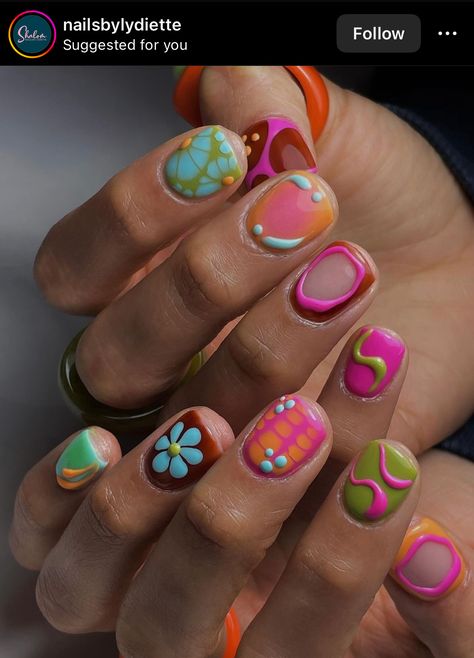 Extremely Short Nails Ideas, Happy Nail Art, Funky Short Nails, Biab Designs, Short Funky Nails, Lisa Frank Nails, Mani Designs, Hello Nails, Hard Nails