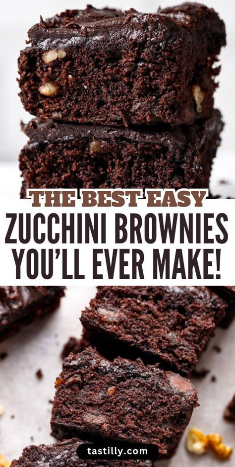 Looking for a quick and nutritional dessert for both kids and adults? These moist, fudgy, chocolatey Zucchini Brownies are what you need. Shredded zucchini is the main ingredient, which adds moisture, tenderness, and a nutritious twist – but at the same time makes these brownies less caloric. Give these Zucchini Brownies with a rich chocolate taste and amazing texture a try! Healthy Chocolate Zucchini Brownies, Desserts Made With Vegetables, Zucchini Recipes Sweet, Dessert With Vegetables, Zucchini Chocolate Brownies, Zucchini Brownie Recipes, Hidden Veggie Brownies, Vegetable Dessert Recipes, Shredded Zucchini Recipes Desserts